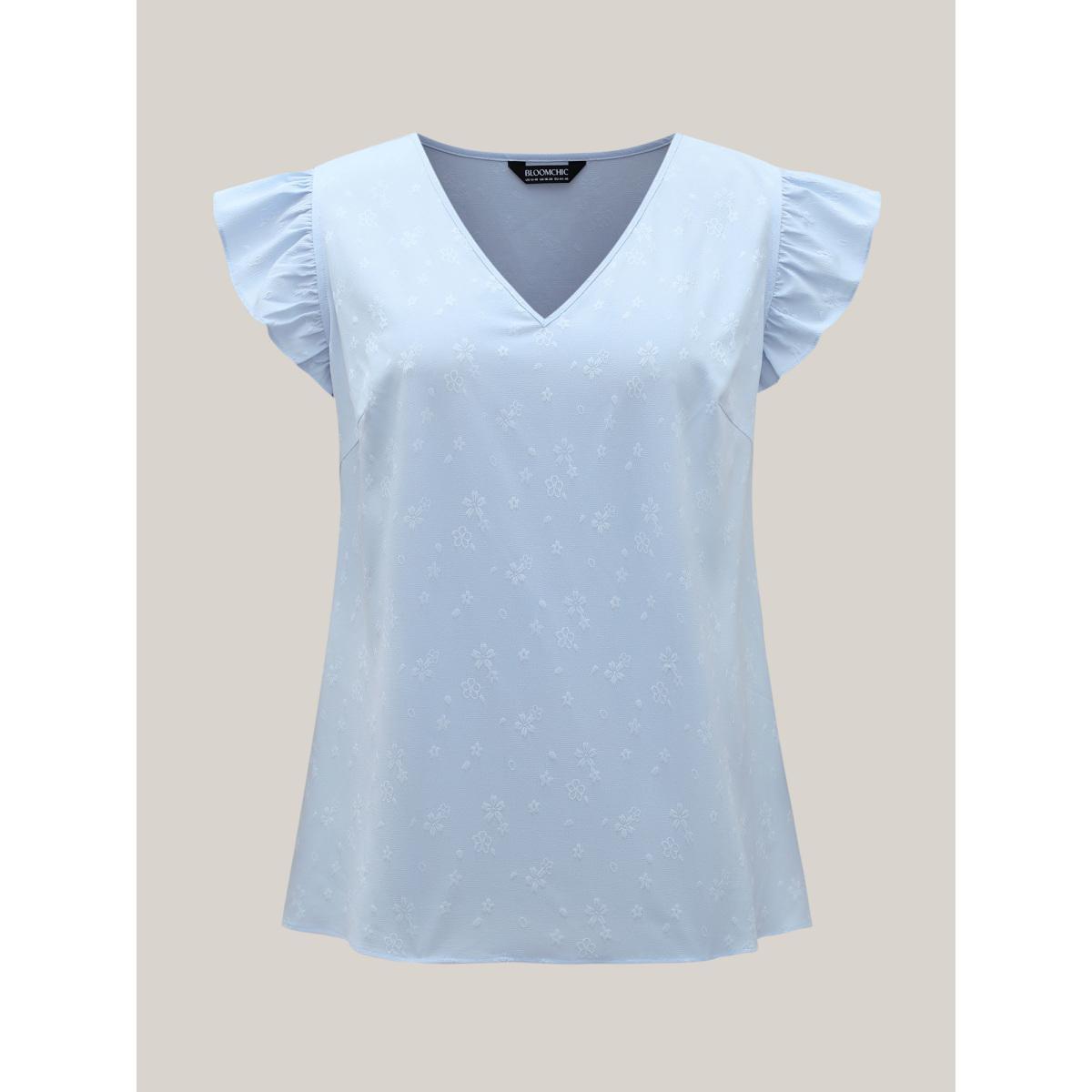 Plus Size Floral Print Textured Flutter Sleeve Tank Top Women LightBlue Texture V-neck Everyday-Elegant Tank Tops Camis BloomChic 14-16/1X Product Image