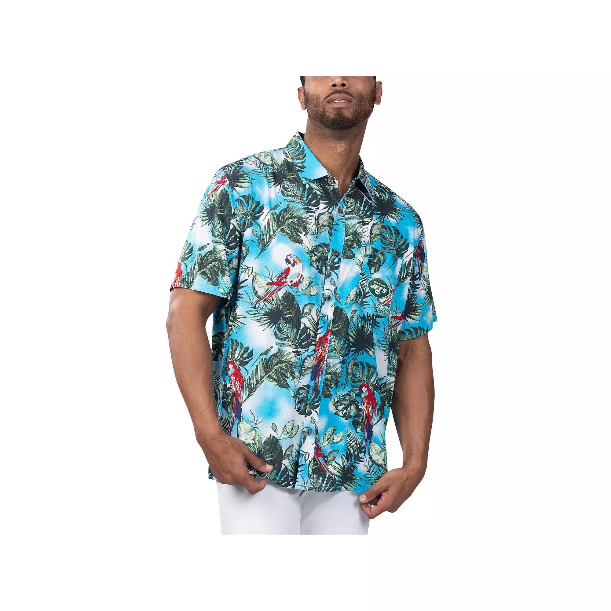 Men's Margaritaville Light Blue New York Jets Jungle Parrot Party Button-Up Shirt,  Product Image