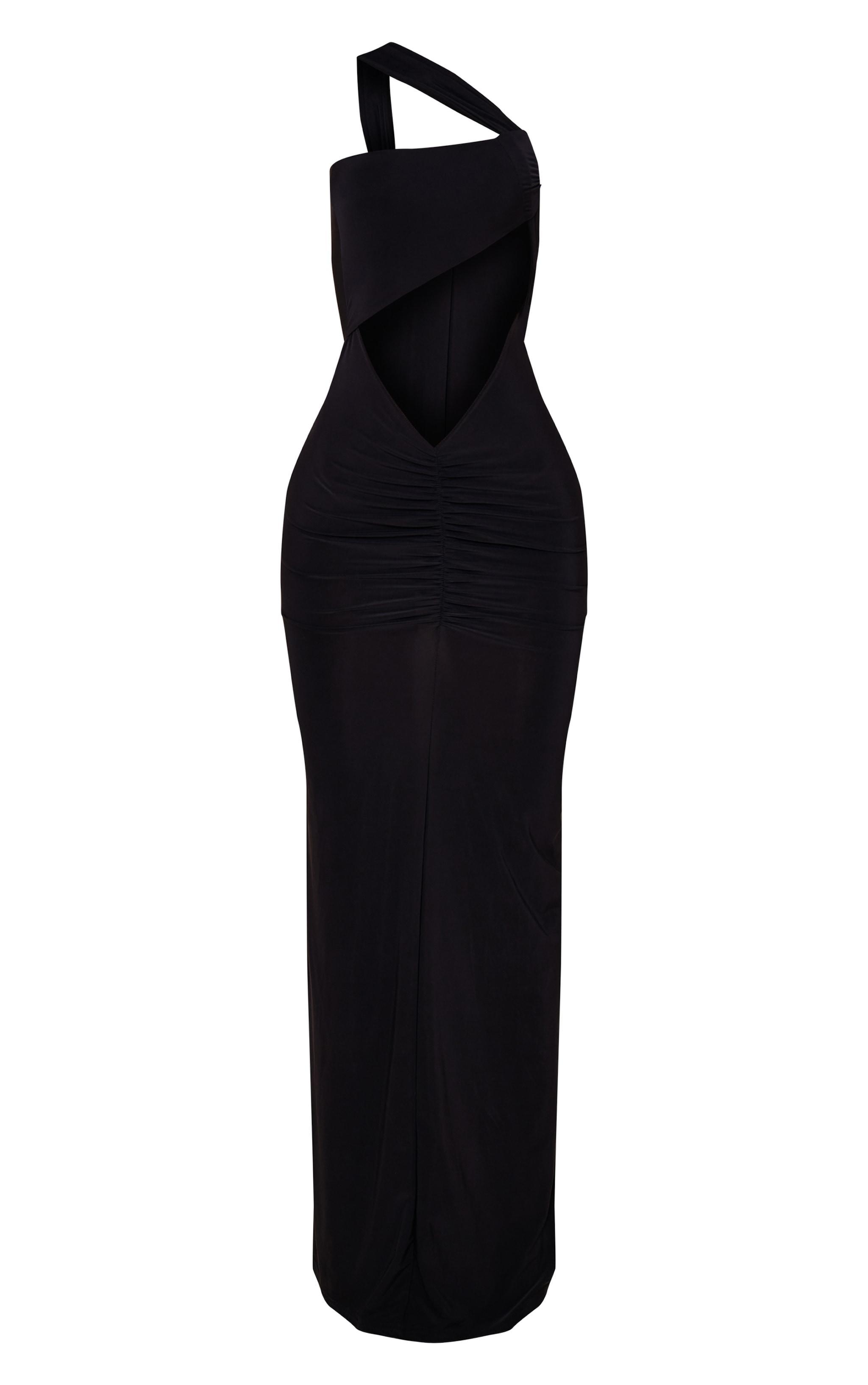 Black Slinky Asymmetric Extreme Cut Out Maxi Dress Product Image