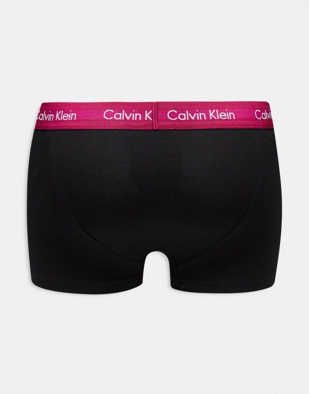 Calvin Klein low rise cotton stretch trunks 3 pack in black with colored waistband Product Image