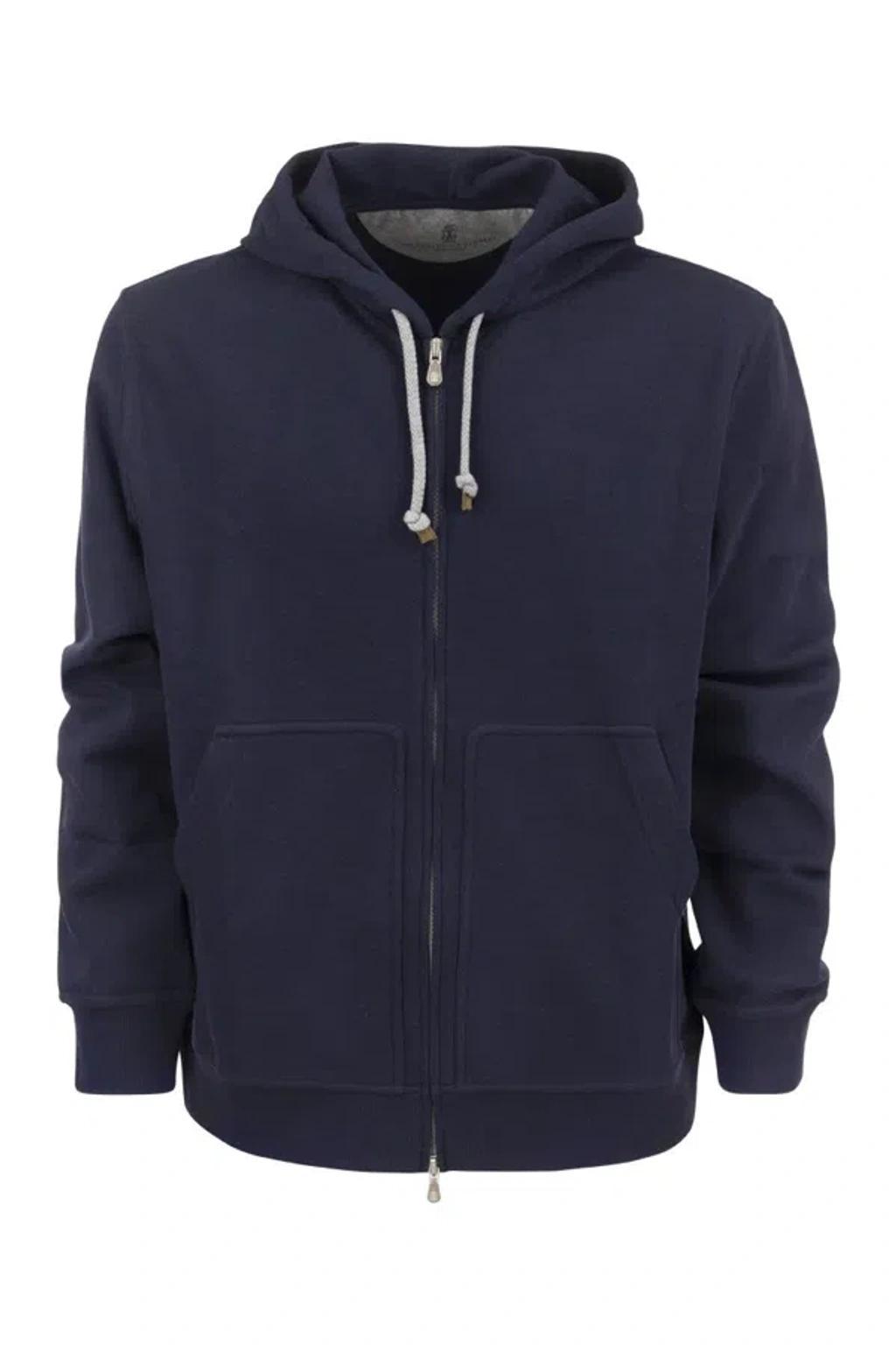 BRUNELLO CUCINELLI Techno Cotton Interlock Zip-front Hooded Sweatshirt In Navy Blue Product Image