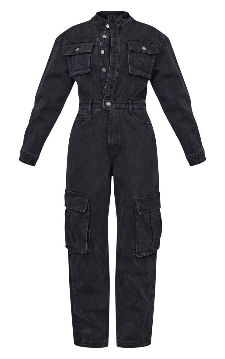 Petite Black Denim Cargo Wide Leg Jumpsuit Product Image