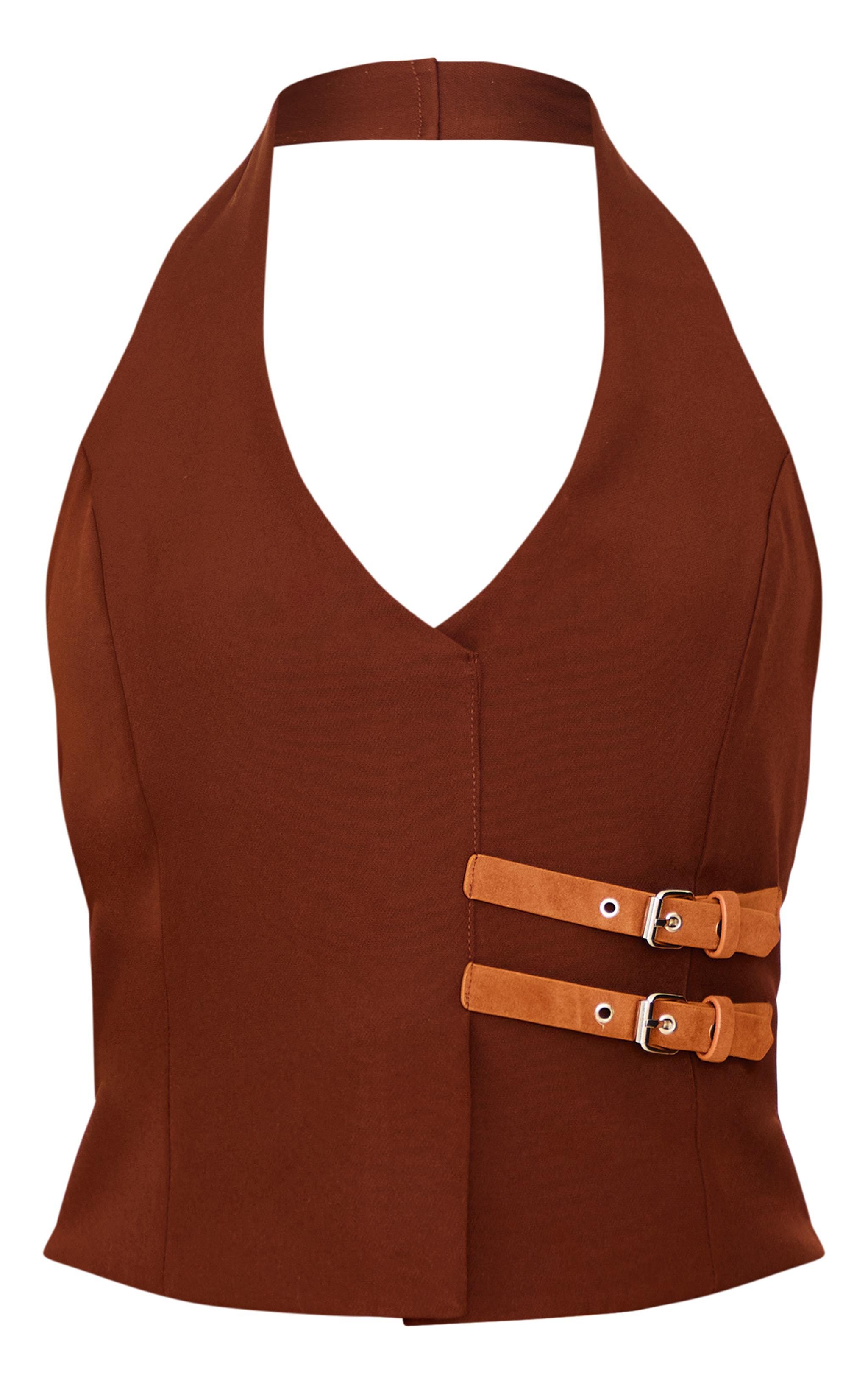 Chocolate Tailored Woven Buckle Halterneck Long Top Product Image