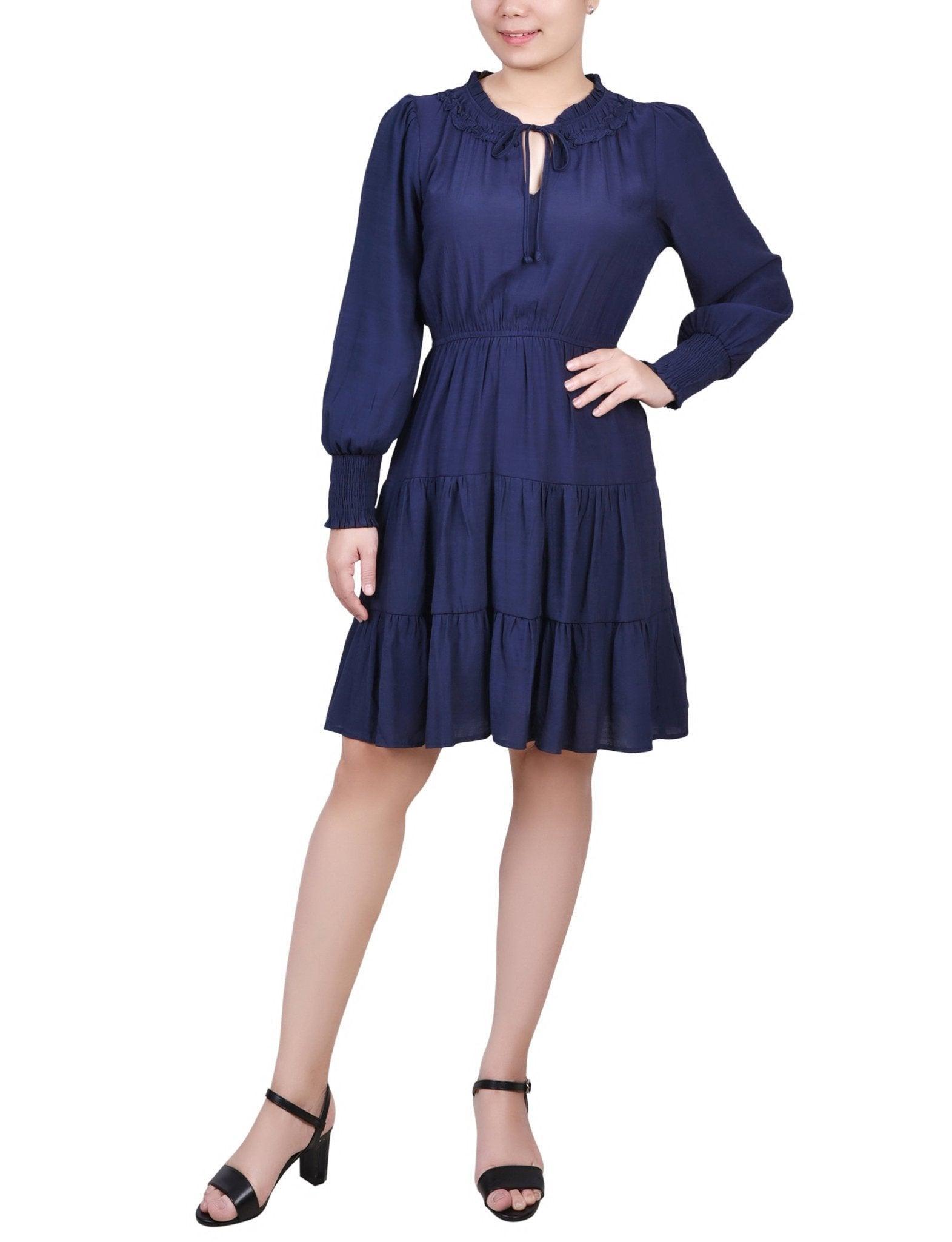 Navy Long Sleeve Tiered Dress With Ruffled Neck - Petite Product Image