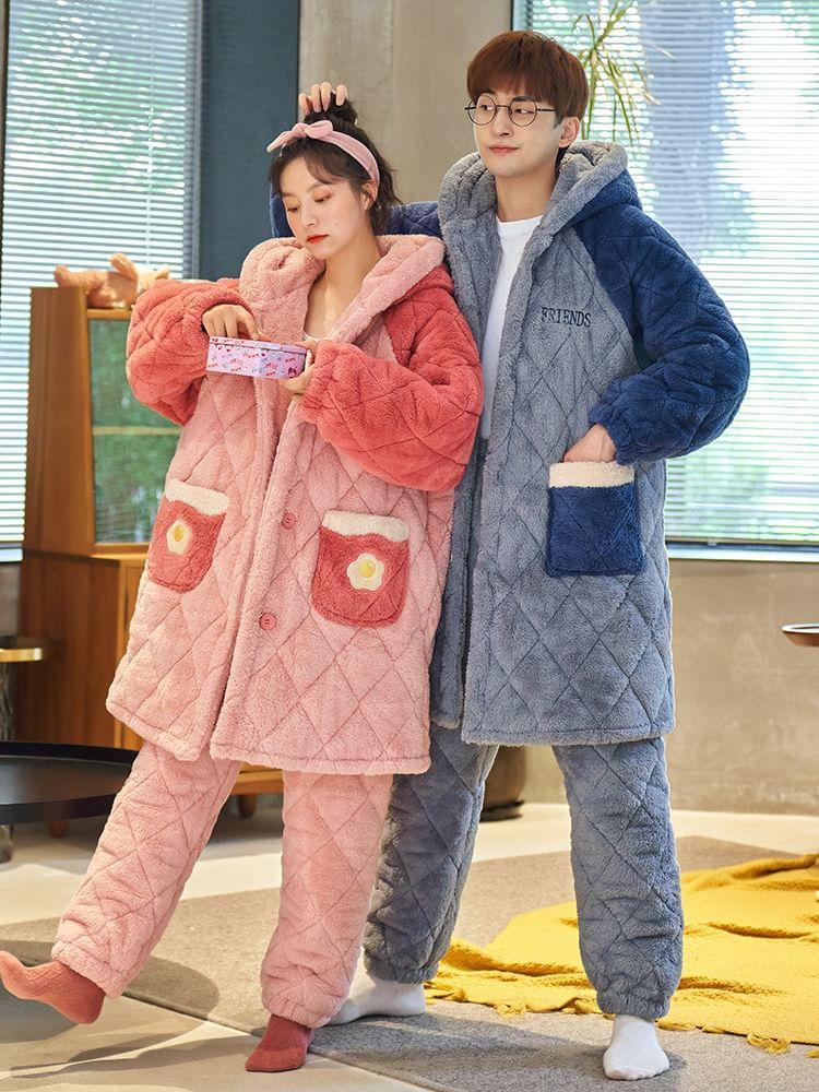 Couple Matching Pajama Set: Cartoon Patterned Hood Coral Fleece Button Jacket + Straight Leg Pants Product Image