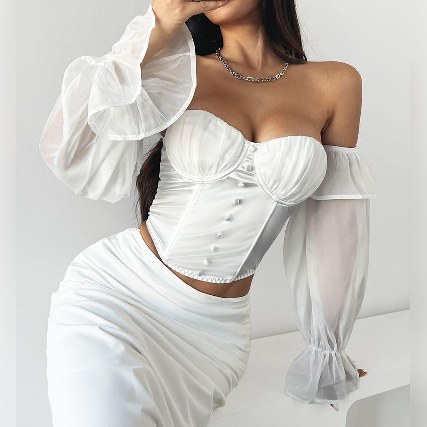 Puff-Sleeve Off-Shoulder Plain Cropped Bustier Top Product Image