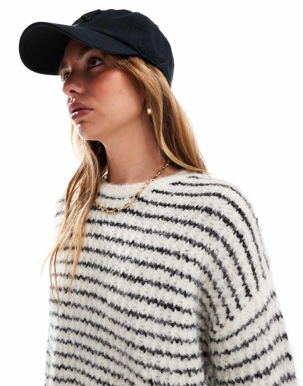 4th & Reckless wool mix textured wide sleeve crew neck sweater in cream and black stripe Product Image