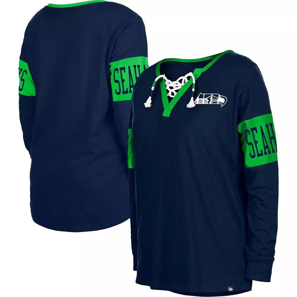 Women's New Era College Navy Seattle Seahawks Lace-Up Notch Neck Long Sleeve T-Shirt,  Product Image