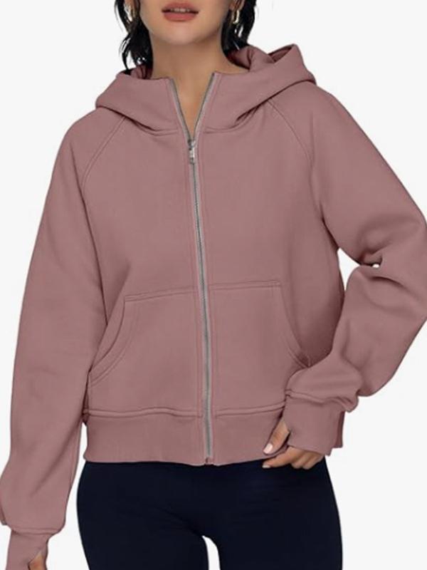 Hooded Long Sleeves Pockets Solid Color Zipper Jackets Outerwear Product Image
