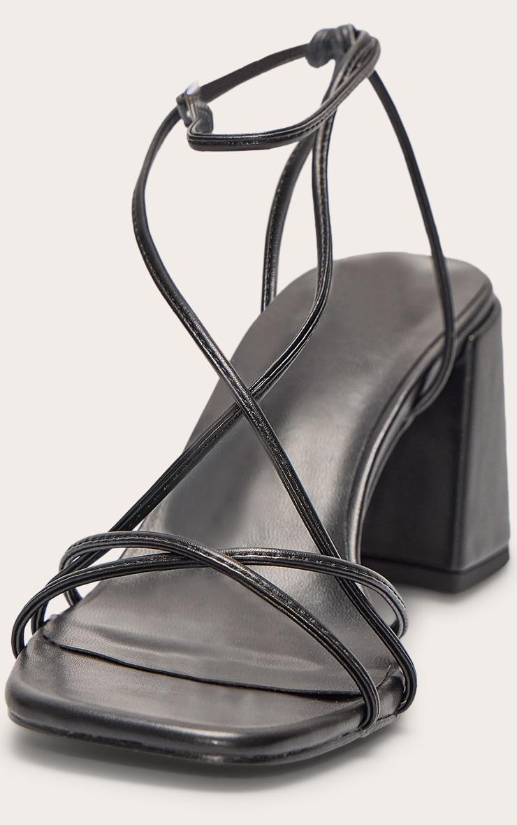 Black Pu Round Toe Strappy Mid Block Heel Sandals Product Image
