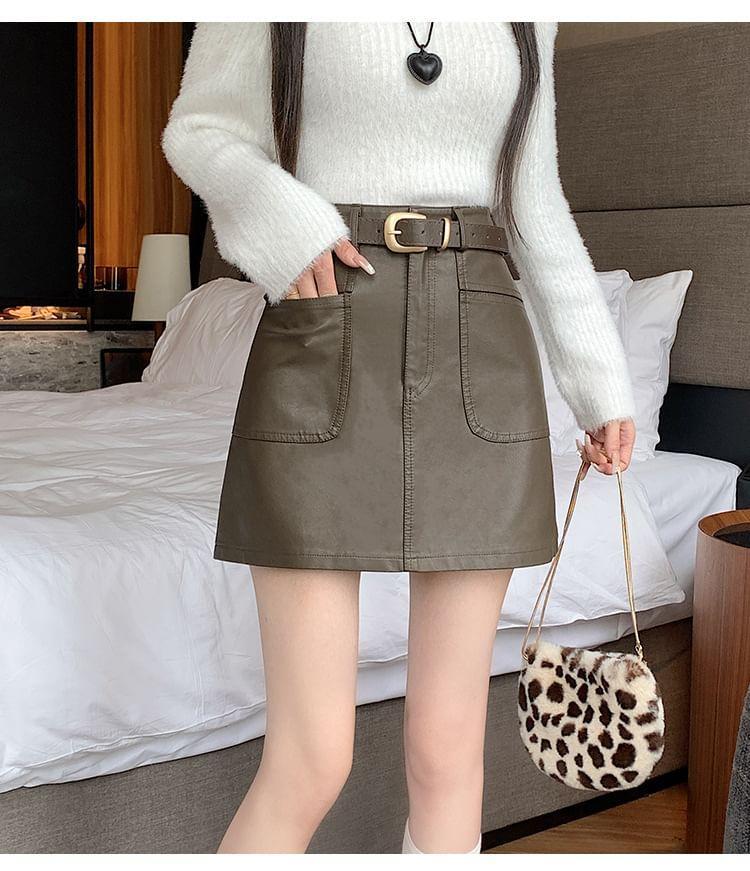 High Waist Faux Leather Mini Skirt Product Image