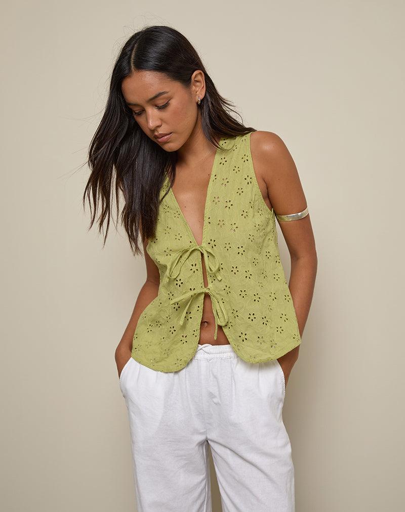 Kayve Tie-Front Top in Little Daisy Broderie Lime Female Product Image