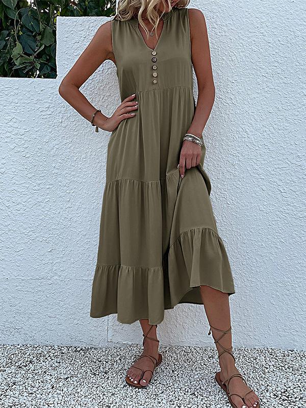Loose Sleeveless Pleated Split-Joint V-Neck Midi Dresses Product Image