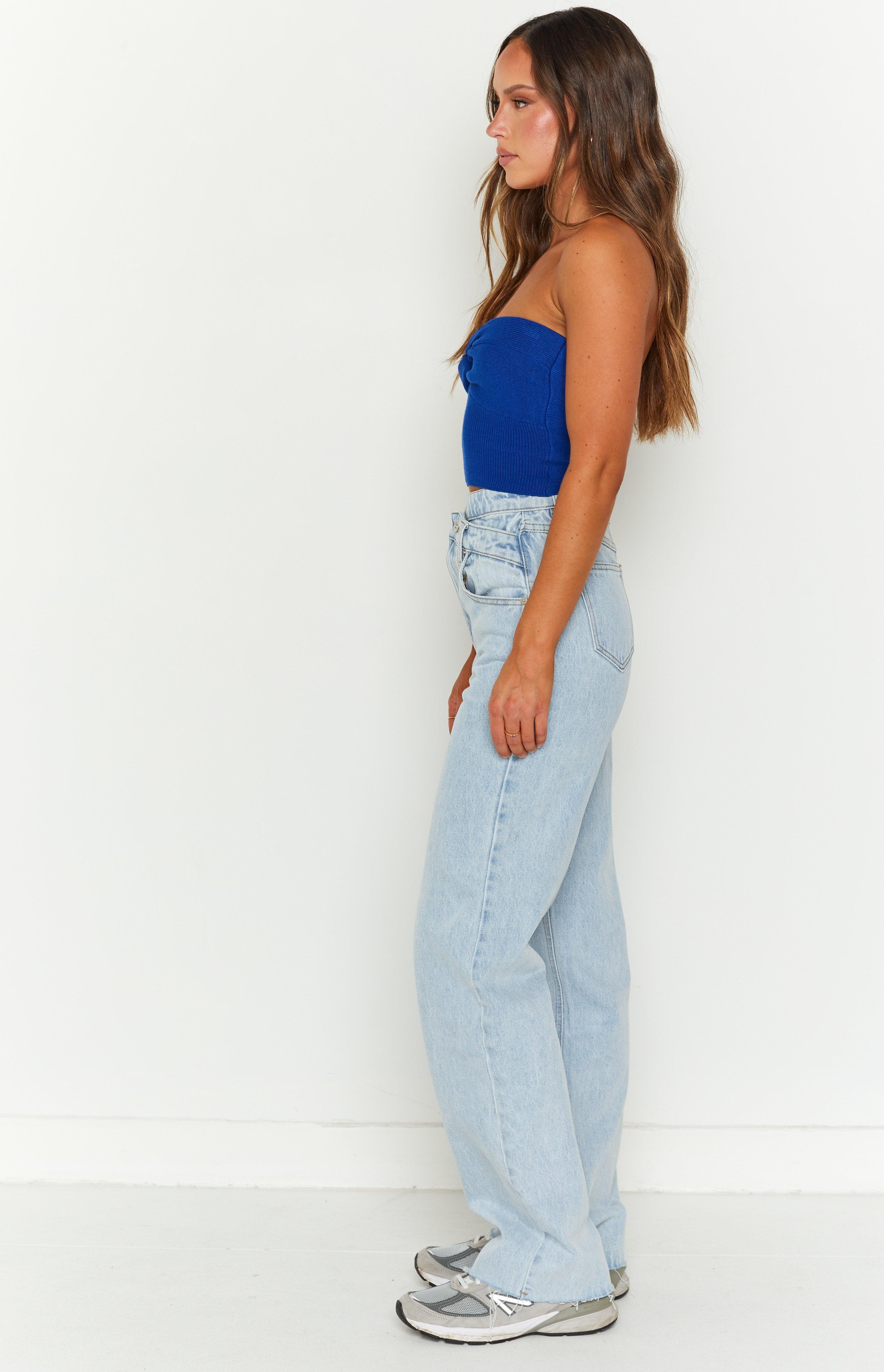 Kansis Light Blue Uneven Waist Jeans Product Image