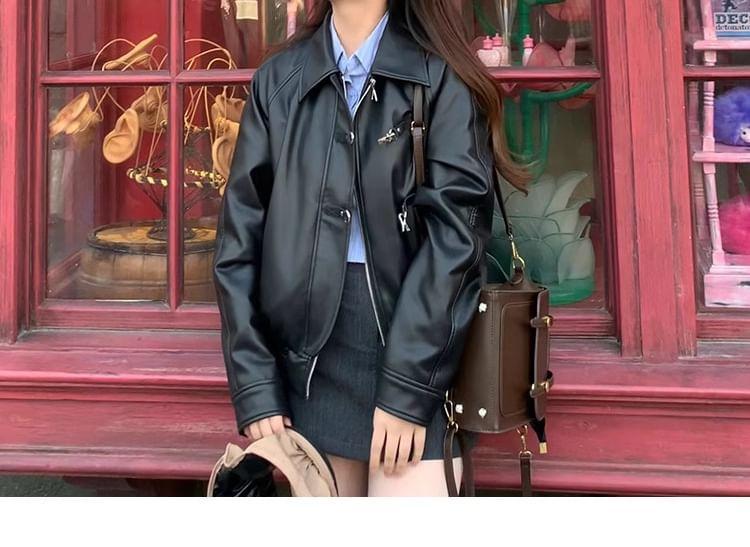 Collar Plain Faux Leather Zip Jacket Product Image