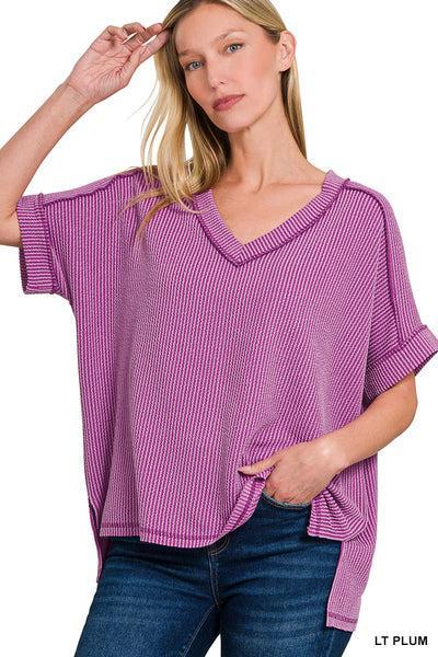 Corded V Neck Top- Grey Product Image