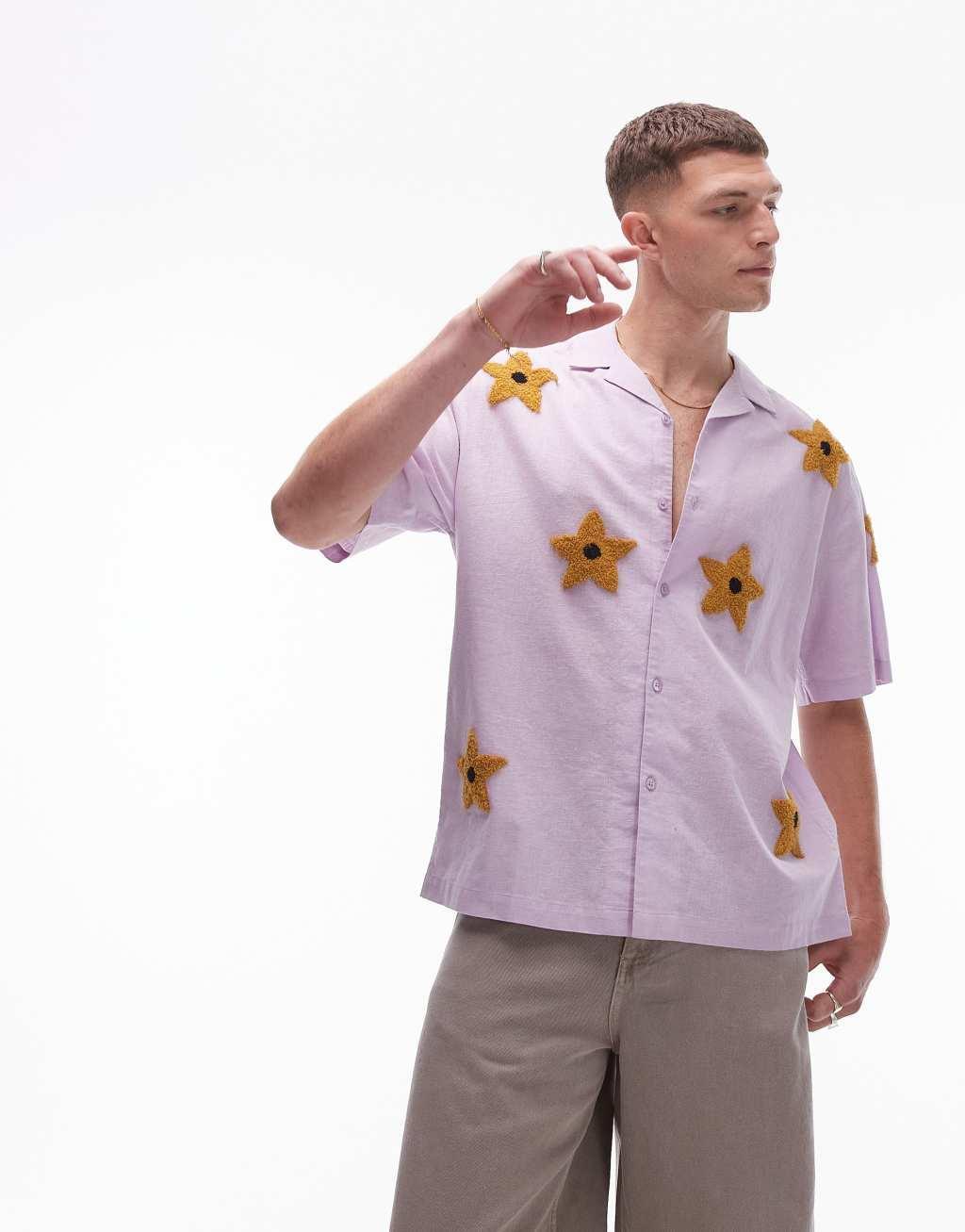 Topman short sleeve relaxed floral terrycloth shirt in pink Product Image