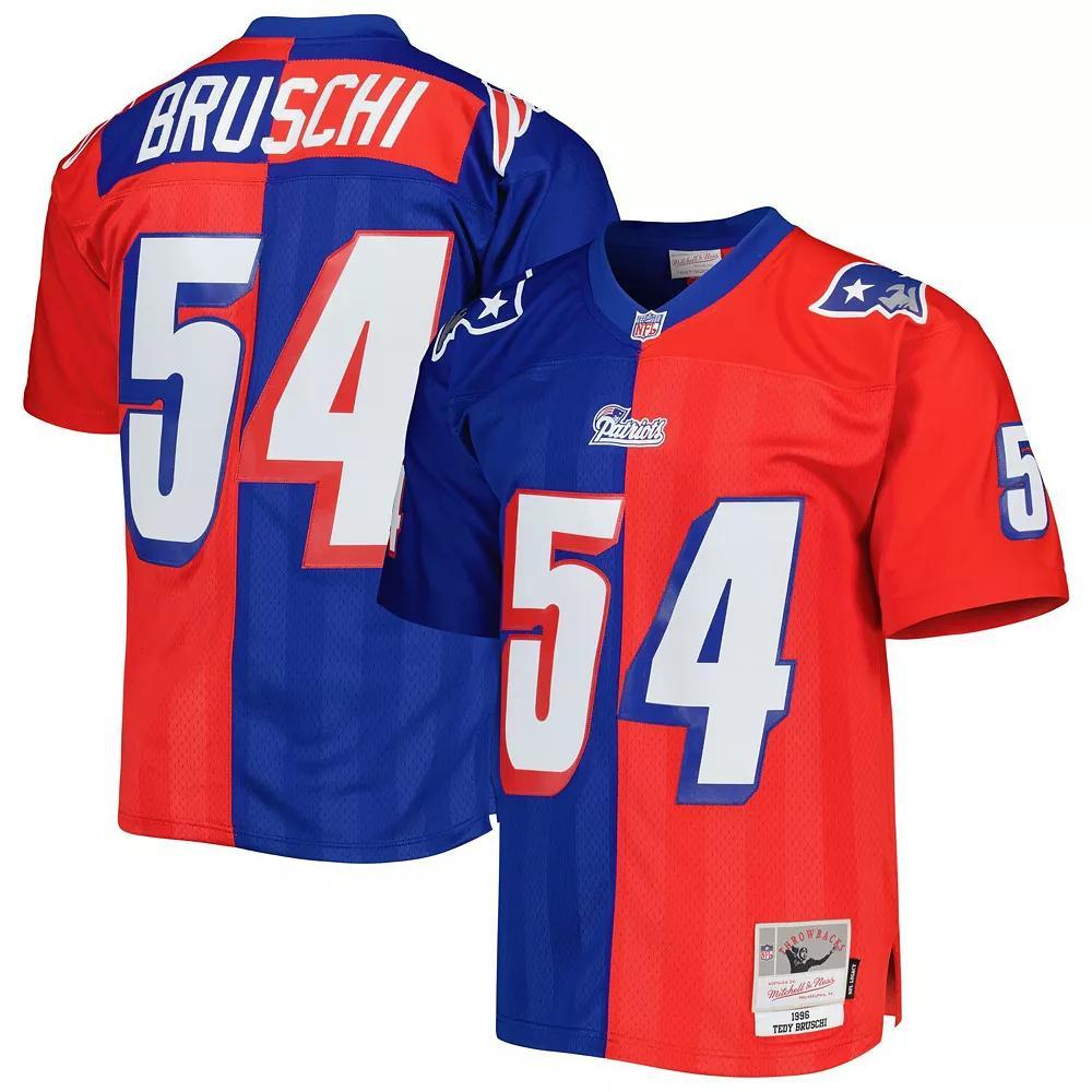 Men's Mitchell & Ness Tedy Bruschi Royal/Red New England Patriots 1996 Split Legacy Replica Jersey, Size: 5XL, Blue Product Image