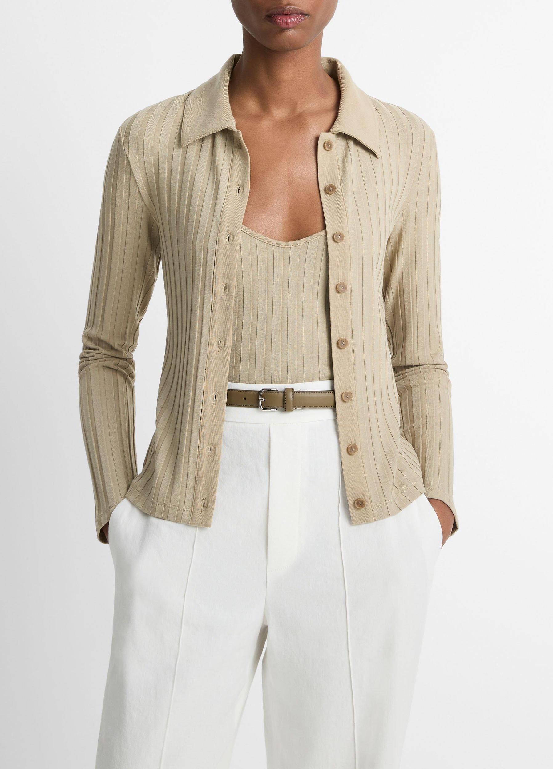 Ribbed Collared Long-Sleeve Button-Front Top Product Image
