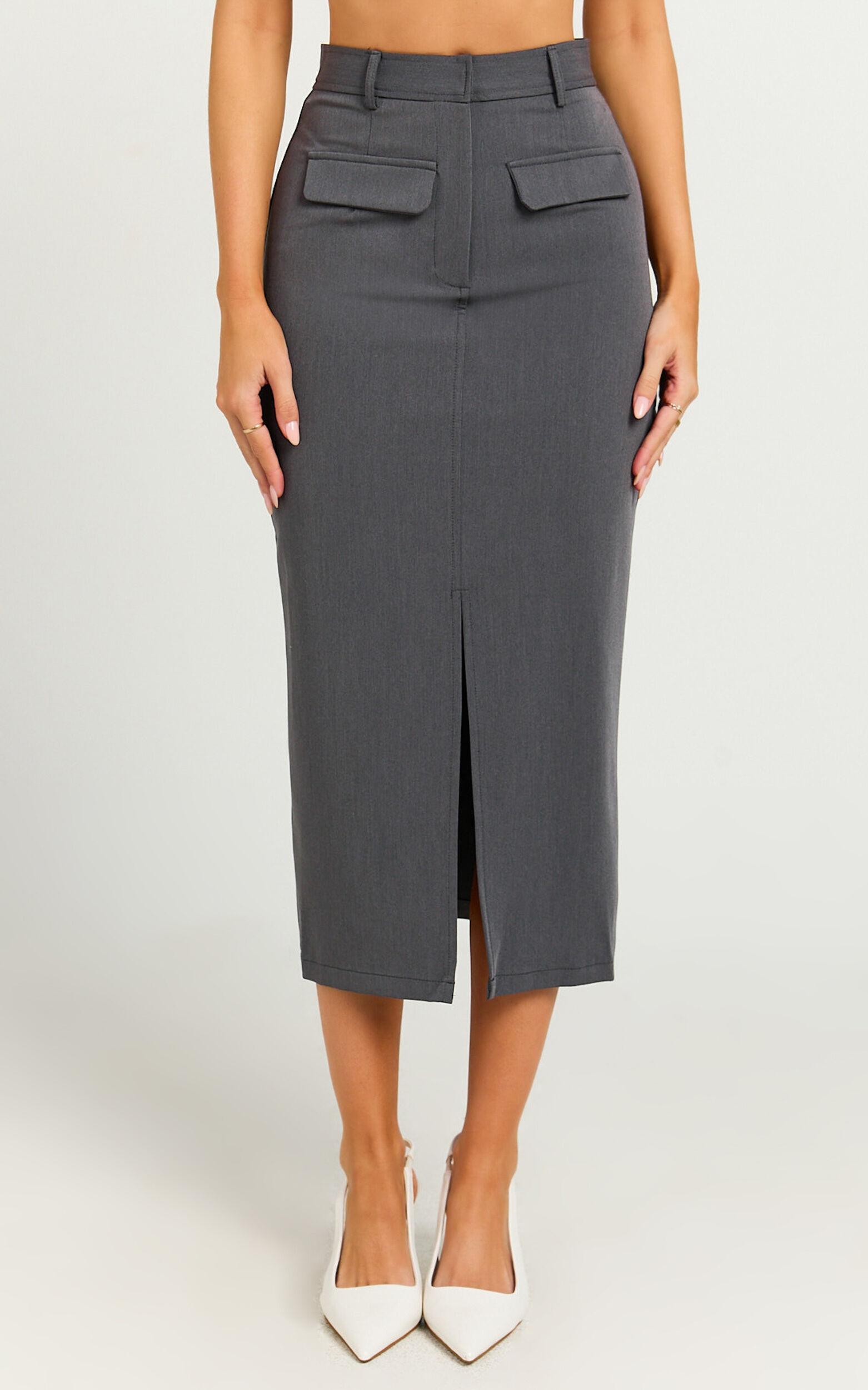 Brylee Midi Skirt - High Waisted Front Split Skirt in Charcoal Product Image