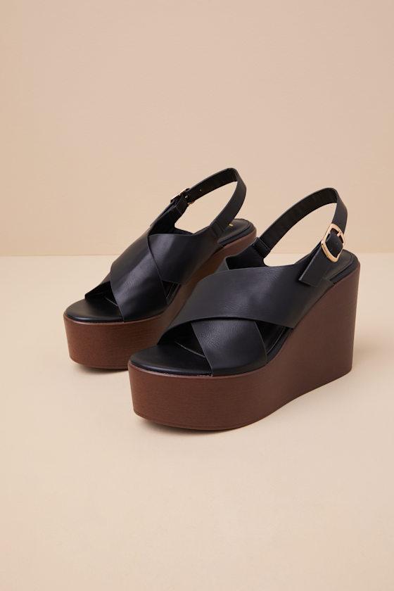 Steena Black Platform Wedge Sandals Product Image