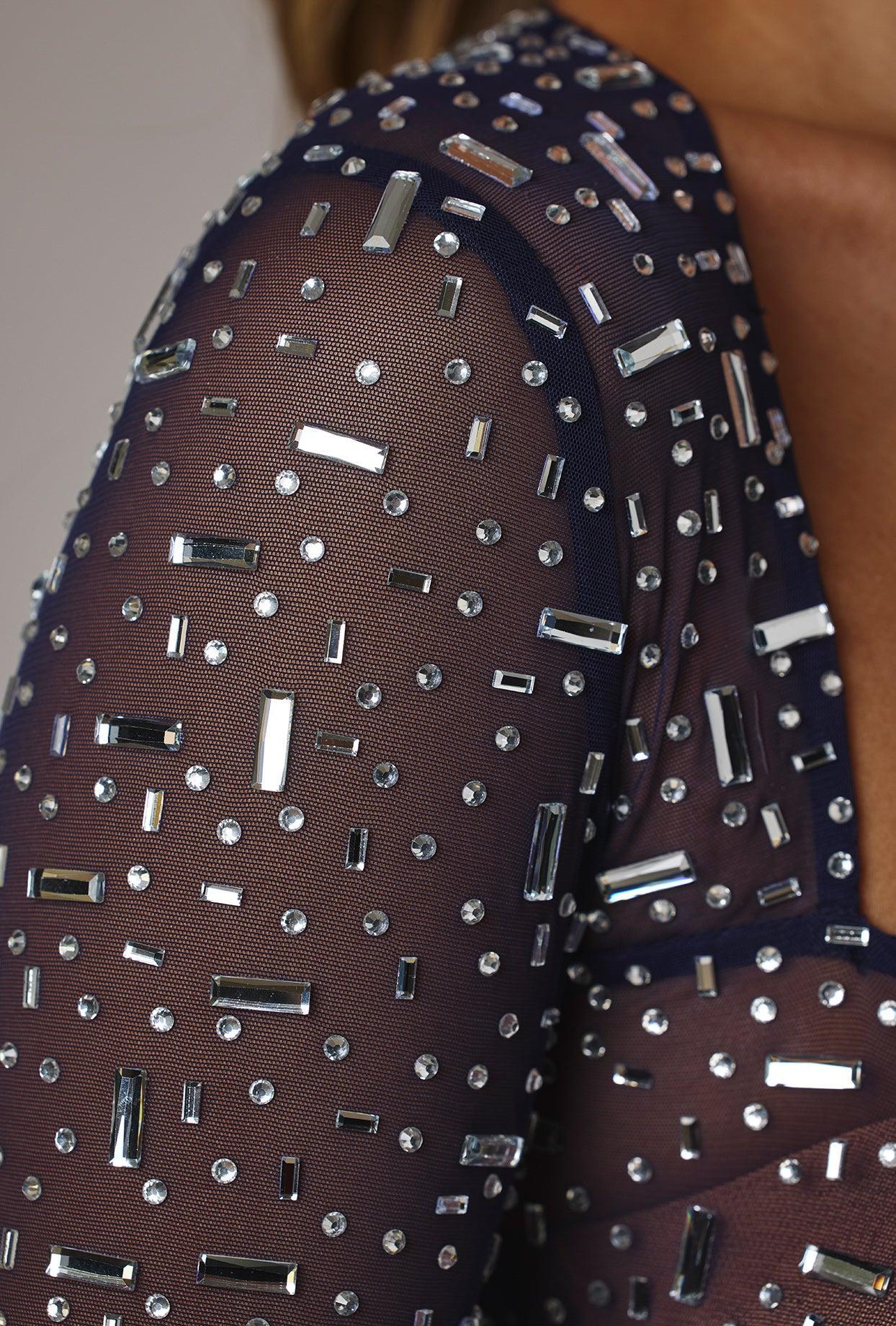 Sheer Embellished Long Sleeve Crop Top in Navy Product Image