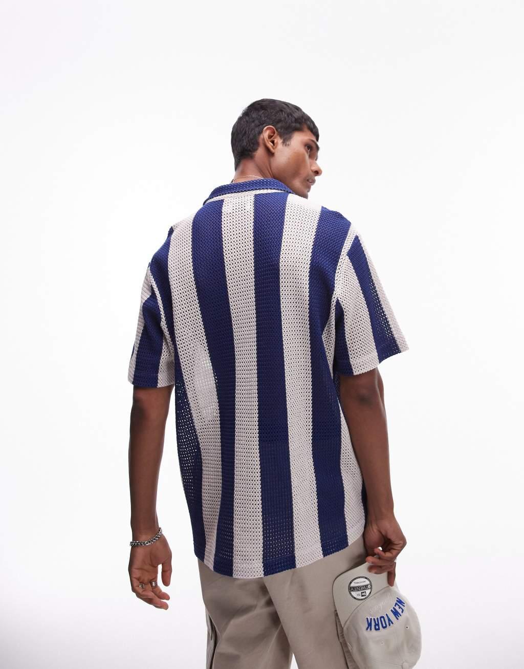 Topman short sleeve crochet striped shirt in blue Product Image