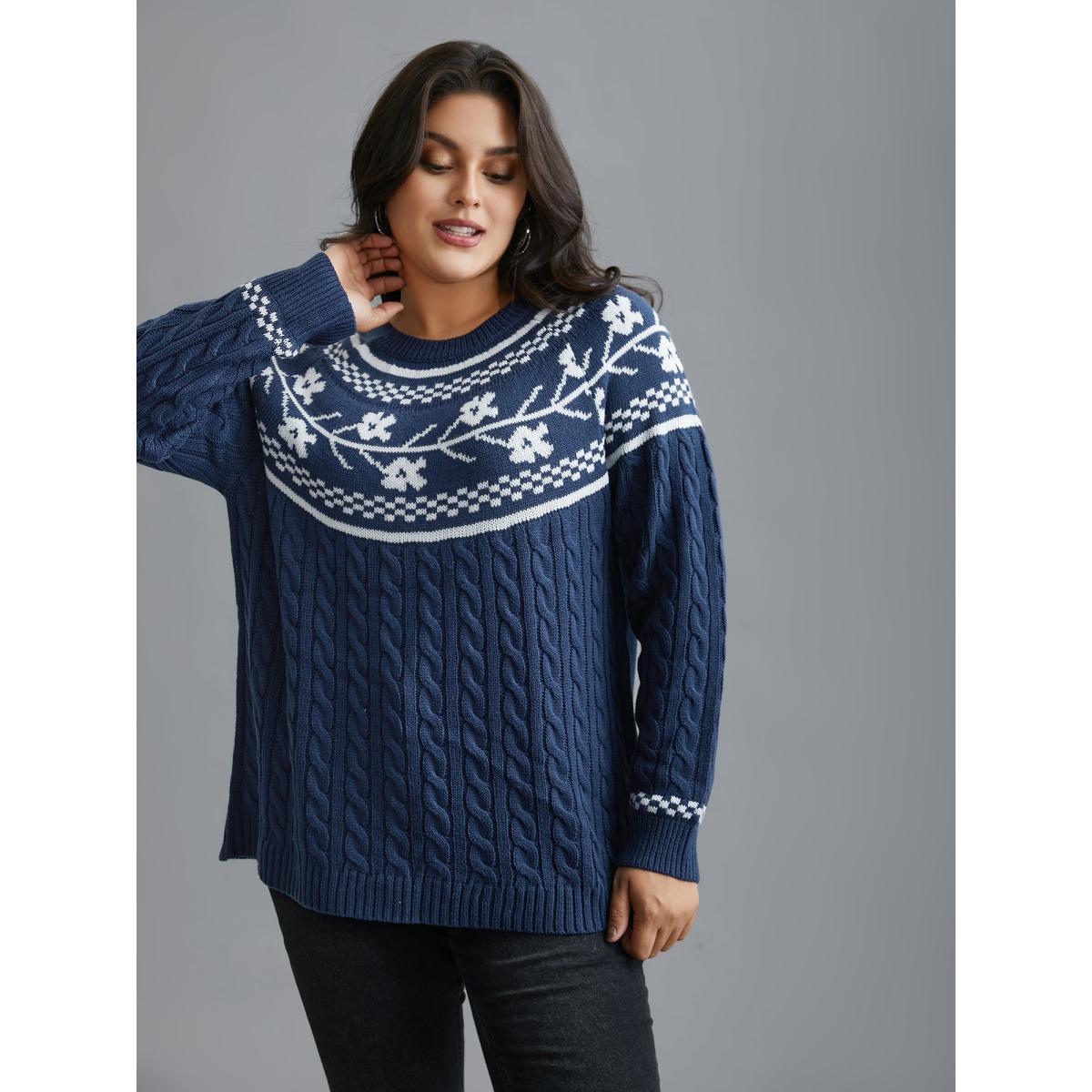 Plus Size Floral Cable Knit Raglan Sleeve Pullover Navy Women Casual Loose Long Sleeve Round Neck Everyday Pullovers BloomChic 12/L Product Image