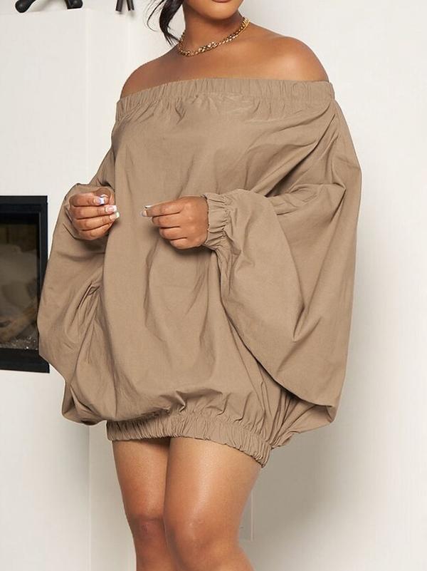 Long Sleeves Loose Elasticity Solid Color Off-The-Shoulder Mini Dresses Product Image