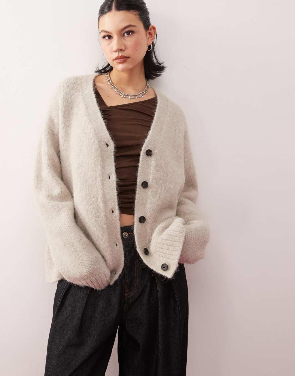 Weekday Emira fluffy knit slouchy cardigan in beige melange Product Image