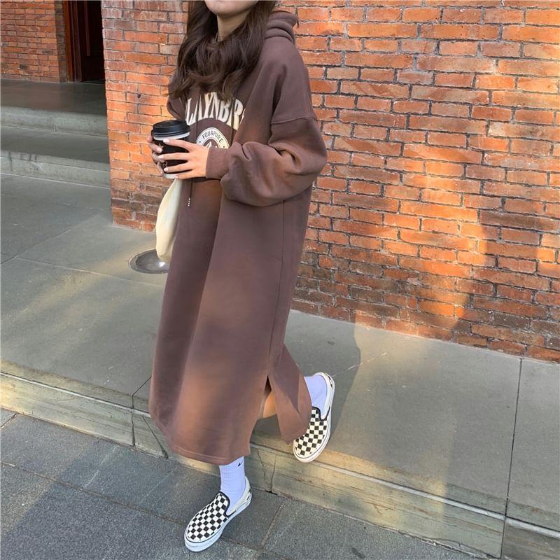 Long Sleeve Lettering Print Slit Fleece-Lined Midi A-Line Hoodie Dress Product Image