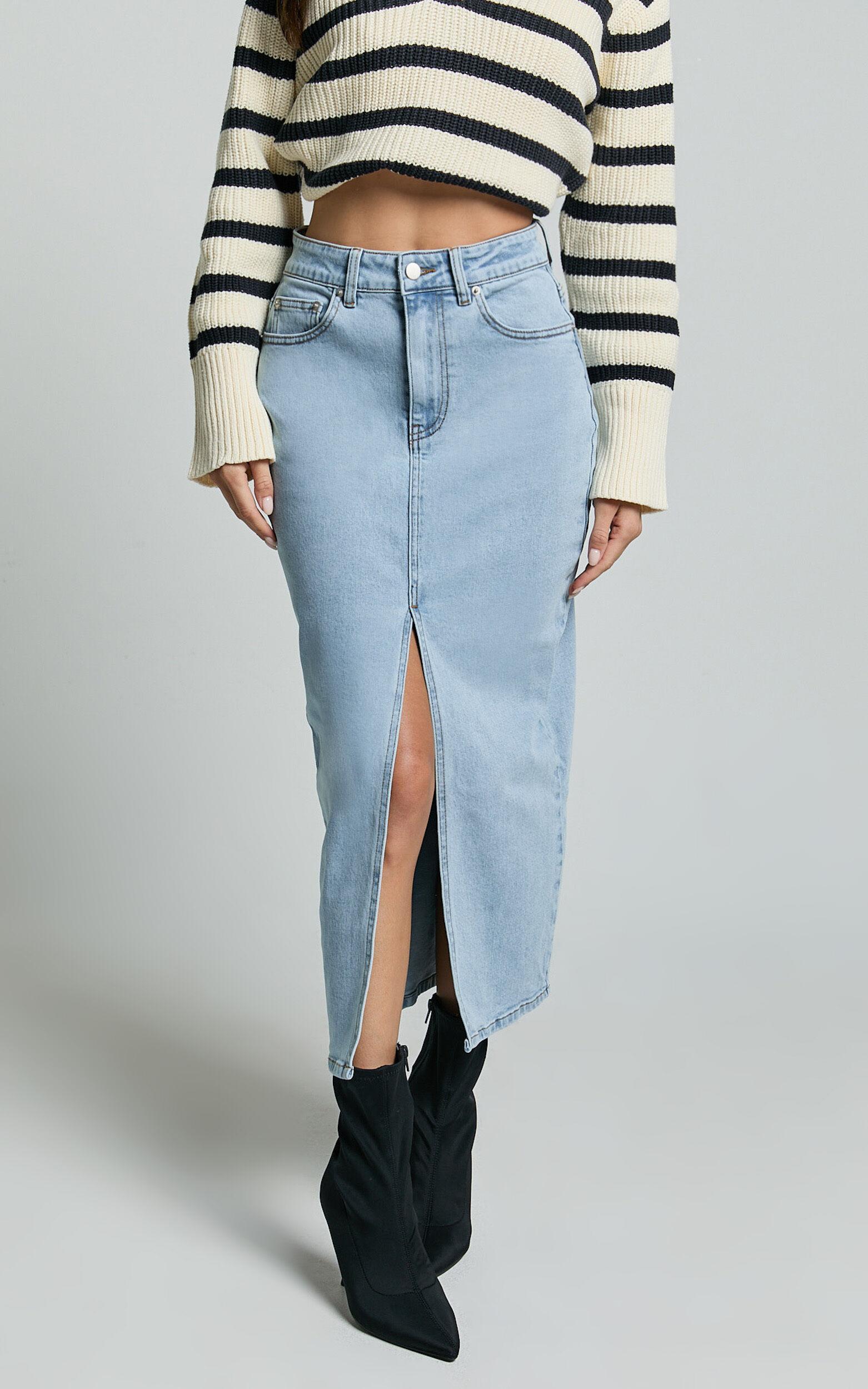 Anaya Midi Skirt - Denim Skirt in Light Blue Wash Product Image