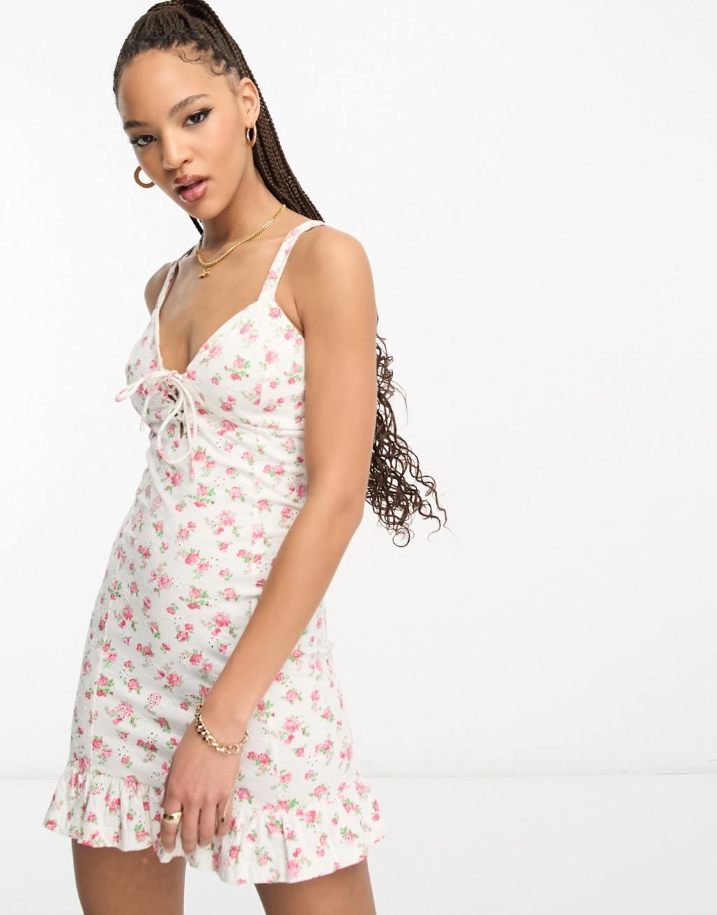 Miss Selfridge ditsy lace up eyelet cami mini dress Product Image