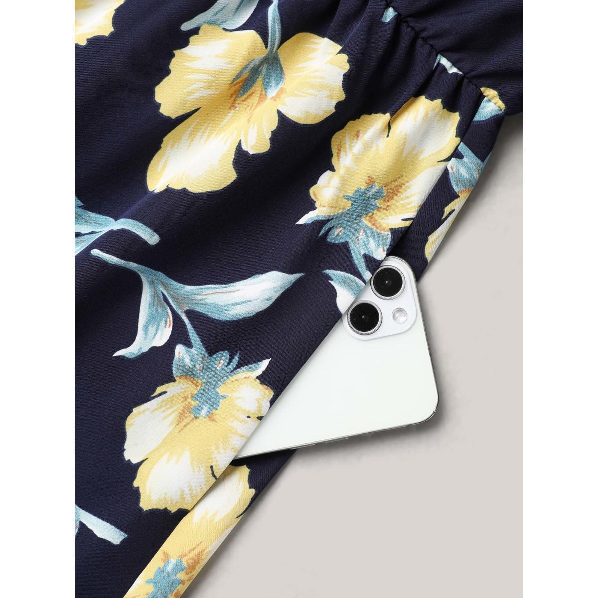 Plus Size Spring Flowers V-Neck Tiered Midi Dress Indigo Women Elegant Overlapping V-neck Half Sleeve Curvy BloomChic 28/5X Product Image