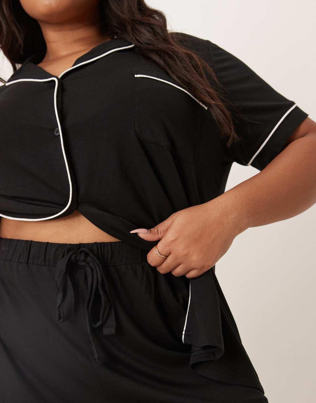 ASOS DESIGN Curve super soft short sleeve shirt and shorts pajama set in black Product Image