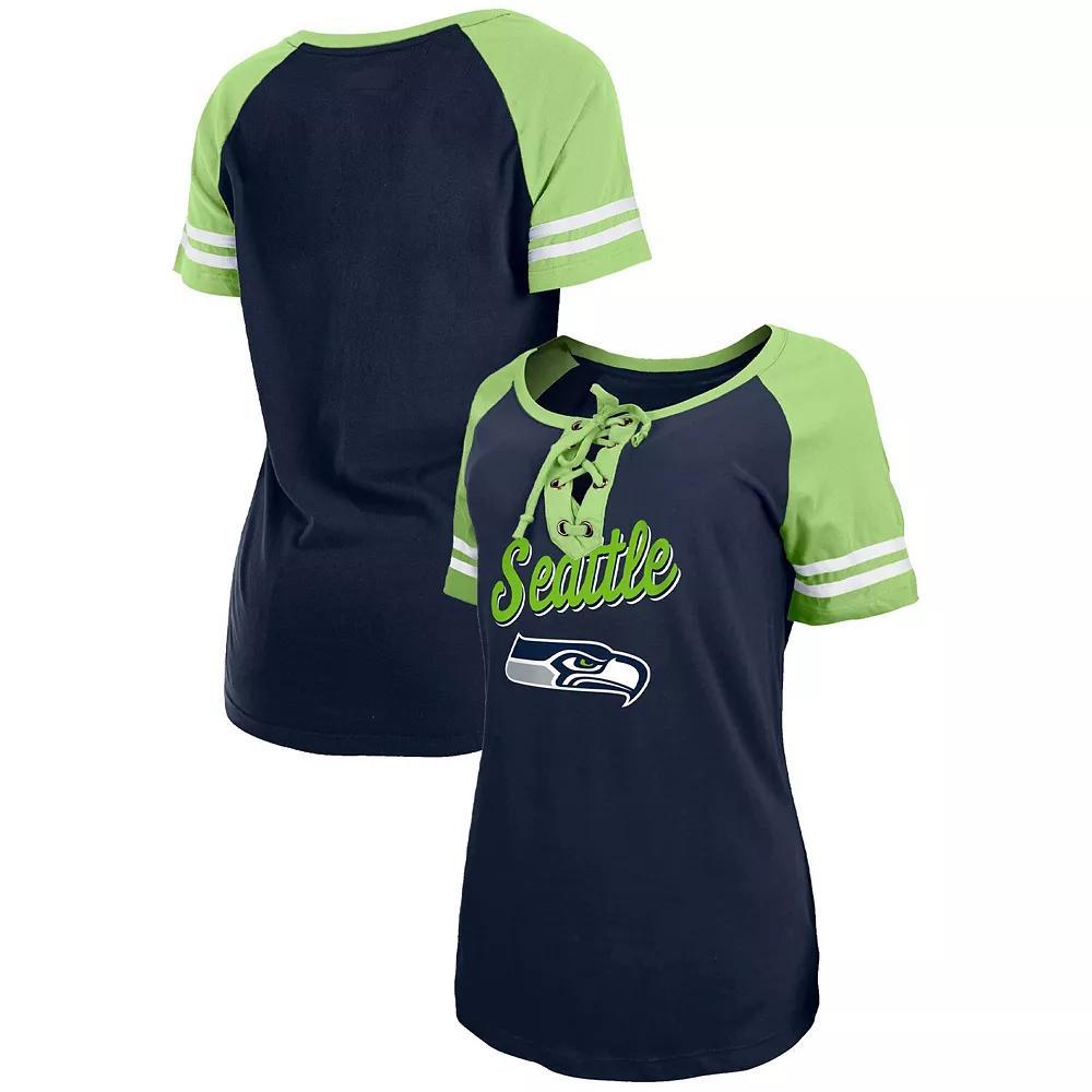 Women's New Era College Navy/Neon Green Seattle Seahawks Lightweight Lace-Up Raglan T-Shirt,  Product Image