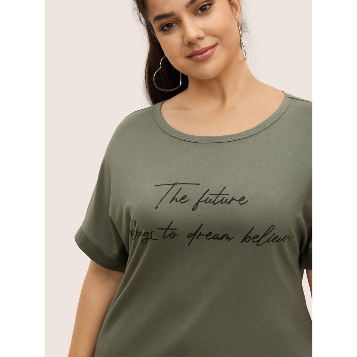Plus Size Letter Print Dolman Sleeve Curved Hem T-shirt ArmyGreen Women Casual Contrast Round Neck Everyday T-shirts BloomChic 14-16/1X Product Image