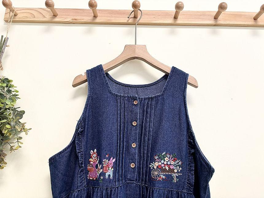 Square Neck Rabbit Embroidered Frill Trim Washed Denim Maxi Jumper Dress Product Image