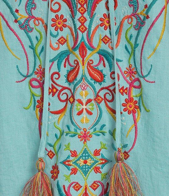 John Mark Petite Size Floral Embroidered Split V-Neck 3/4 Sleeve Frayed Tassel Tie Tunic Product Image