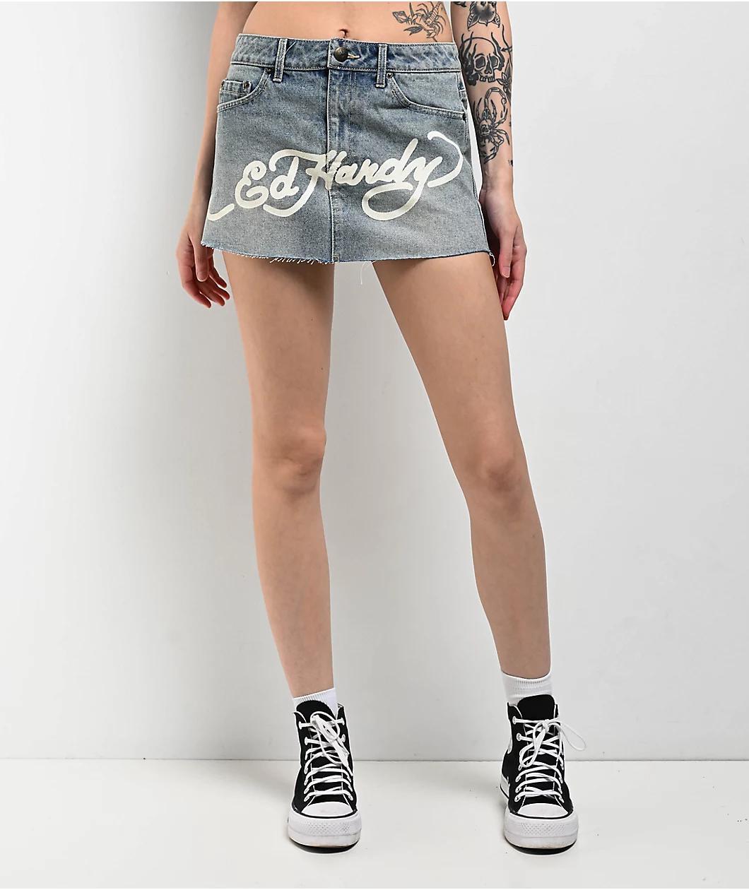 Ed Hardy Dragon Light Blue Cutoff Denim Mini Skirt Product Image