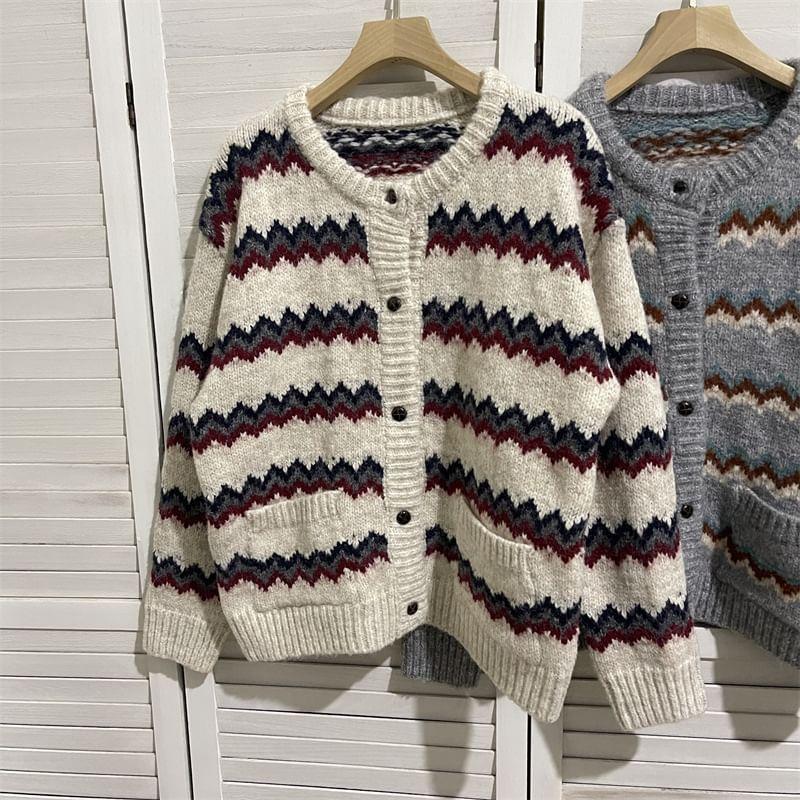 Round Neck Patterned Button Cardigan Product Image