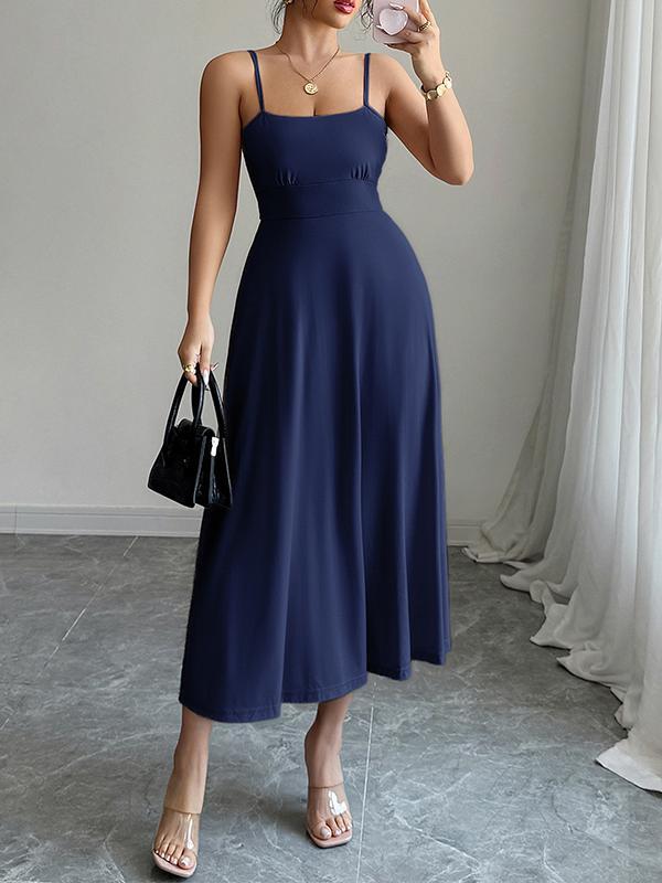 A-Line High Waisted Backless Pleated Solid Color Spaghetti-Neck Midi Dresses Product Image