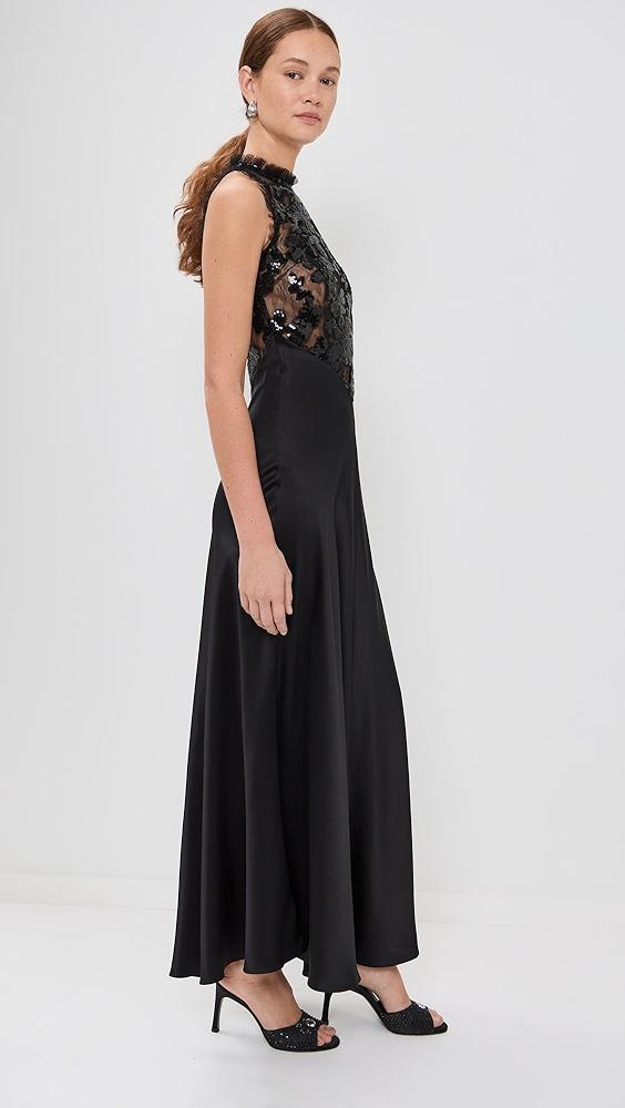 Rodarte Black Silk Satin And Sequin Dress With Tulle Ruffle Detail | Shopbop Product Image