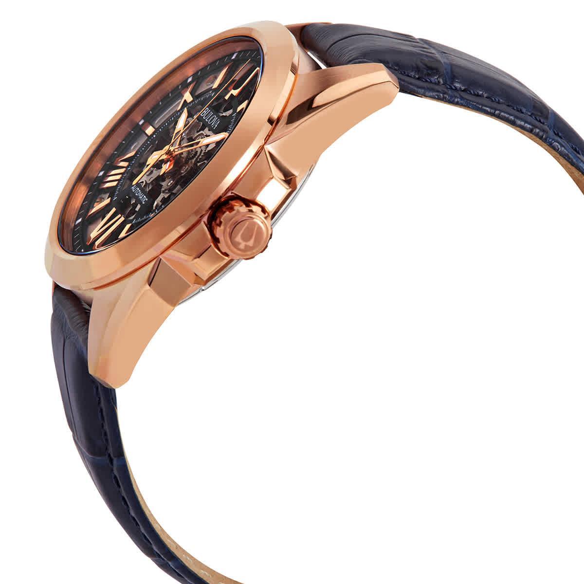 Mens Bulova Blue Leather Strap Automatic Skeleton Watch - 97A161 Product Image