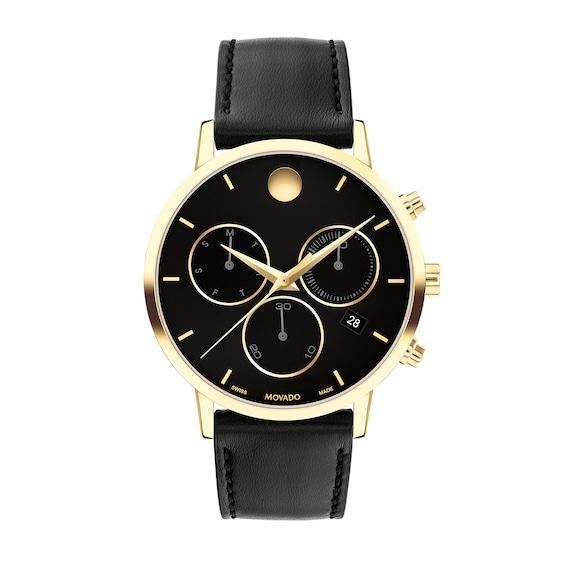 Movado Mens Museum Classic Quartz Chronograph Yellow Gold PVD Case Black Leather Strap Watch Product Image