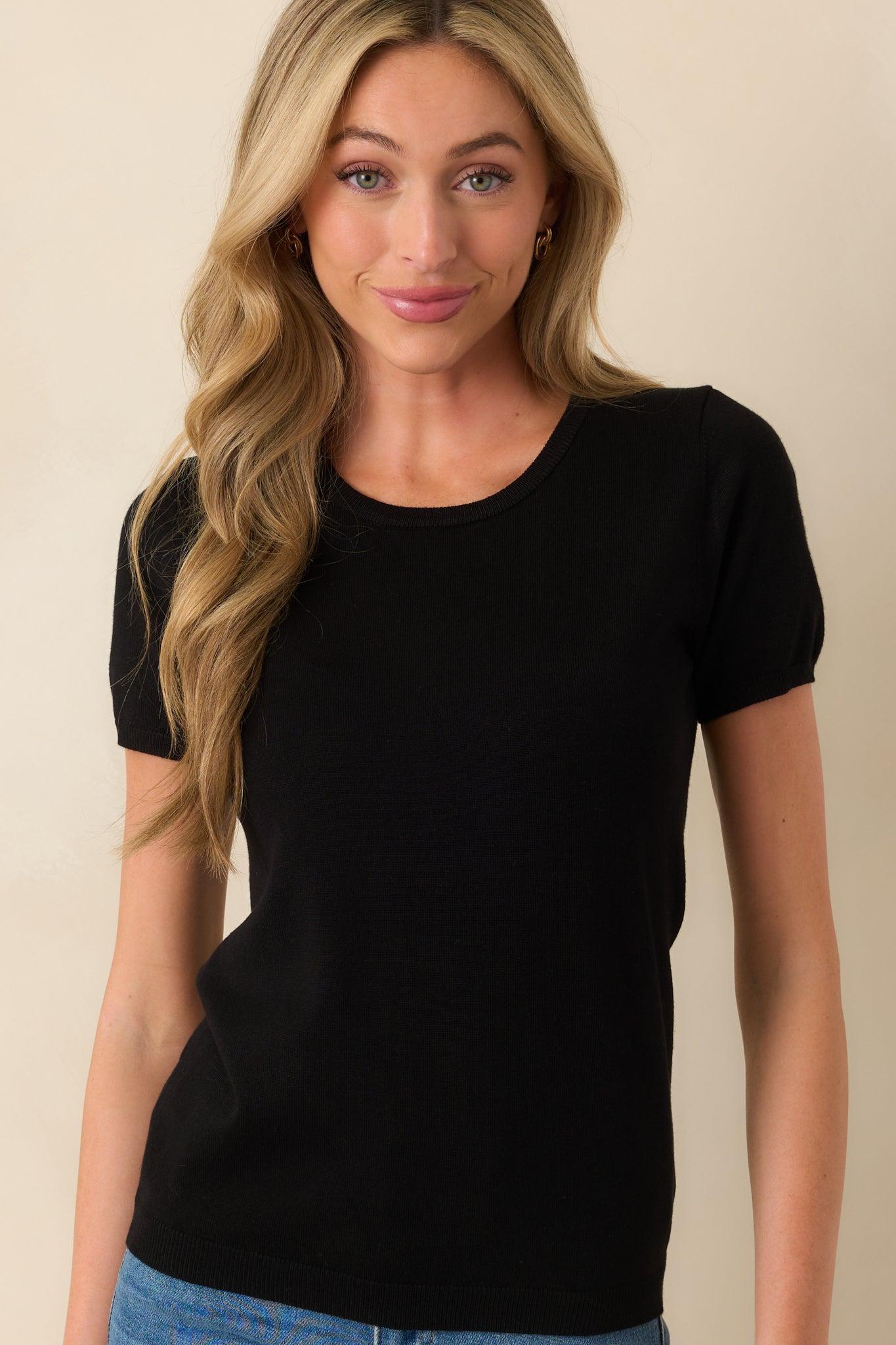 Cross Your Mind Black Short Sleeve Sweater Top Product Image