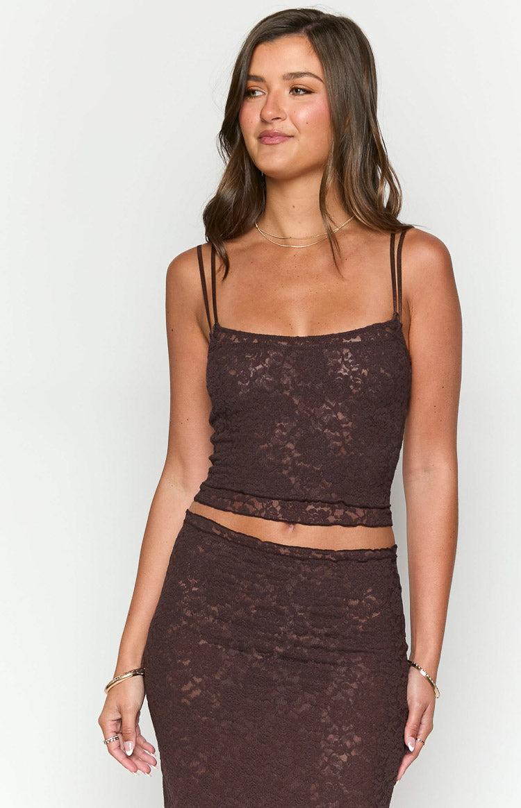 Willow Brown Lace Tank Top Product Image