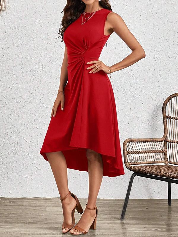 A-Line High Waisted Asymmetric Pleated Solid Color Split-Joint Round-Neck Midi Dresses Product Image