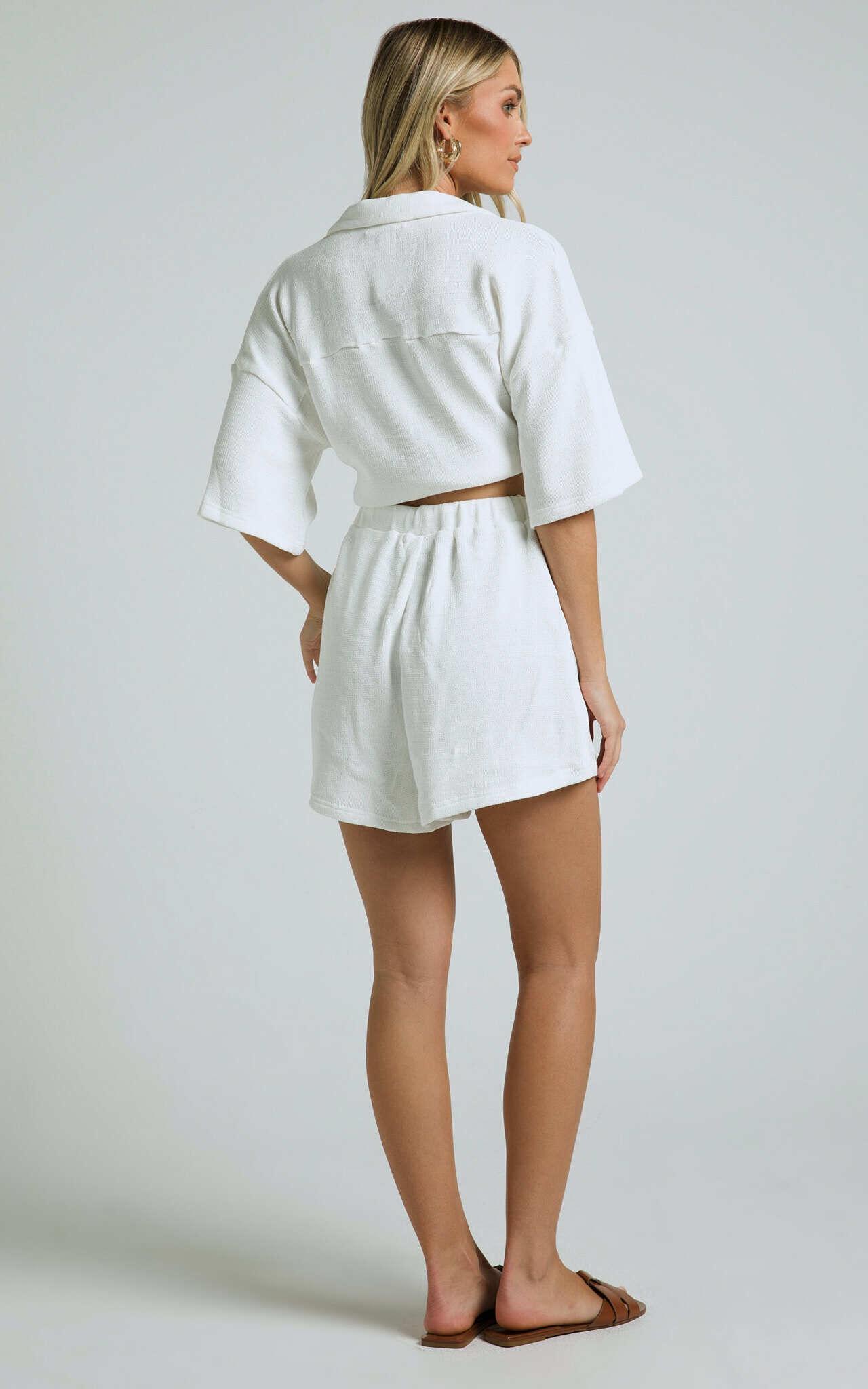 Kahlani Two Piece Set - Collared Short Sleeve and High Waisted Shorts in White Product Image