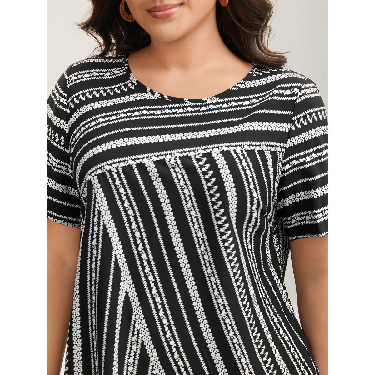 Plus Size Black Striped Overlap Print Curvy Hem Blouse Women Resort Short sleeve Round Neck Vacation Blouses BloomChic 14-16/1X Product Image